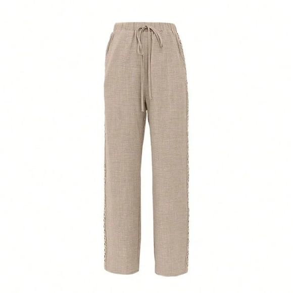 Khaki Casual Women's Side Lace Solid Denim Effect Long Pants - Picture 4 of 4